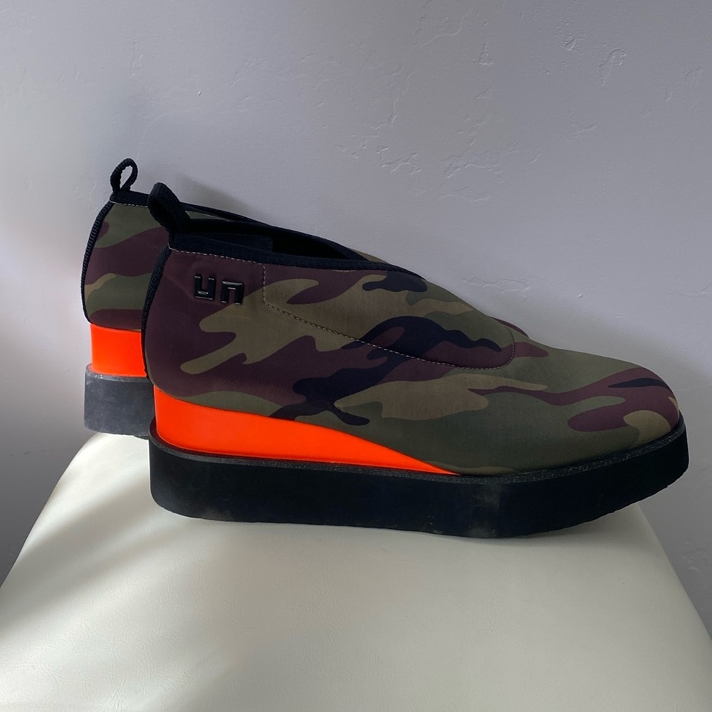 United Nude comfy stretch camouflage print platform bootie, neon orange wedge